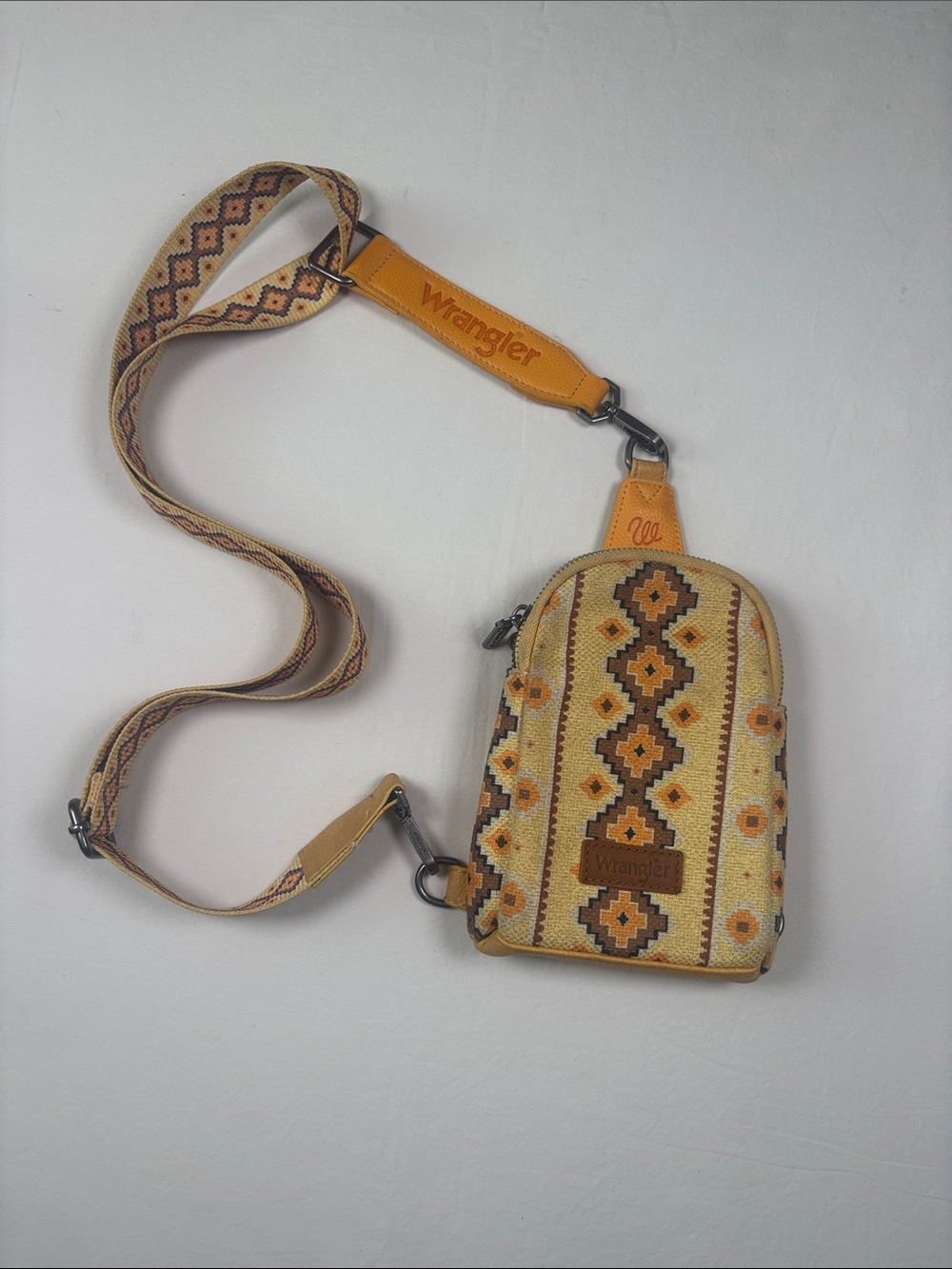 Wrangler Yellow Patterned Crossbody Bag with Geometric Strap
